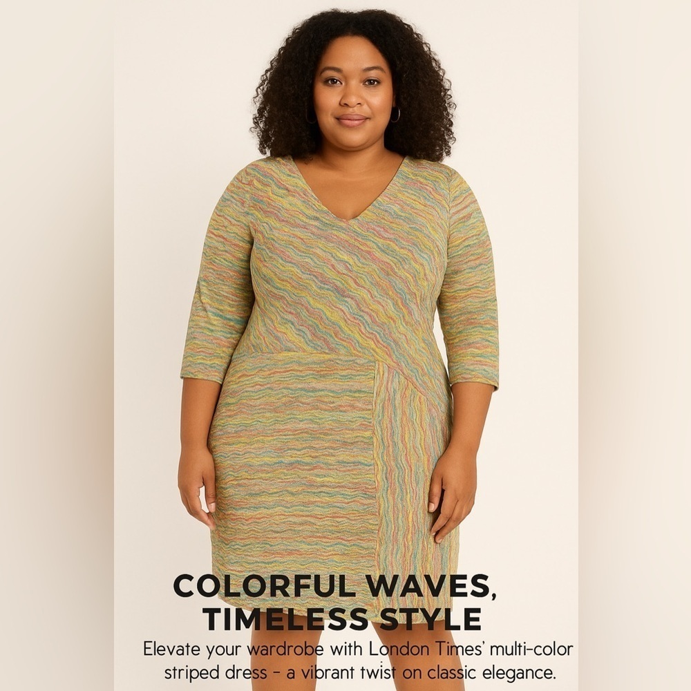LONDON TIMES PLUS SIZE 14W MULTICOLOR WAVE PRINT MIDI DRESS  V-NECK STRETCH NWT - Picture 3 of 8